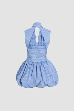 Robe boule courte dos nu en popeline de coton bio imprimée